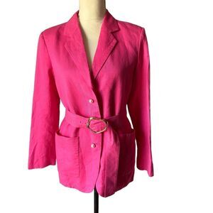 AMANDA UPRICHARD Womens Pink Belted Blazer Size S Linen Blend Pearl Buttons